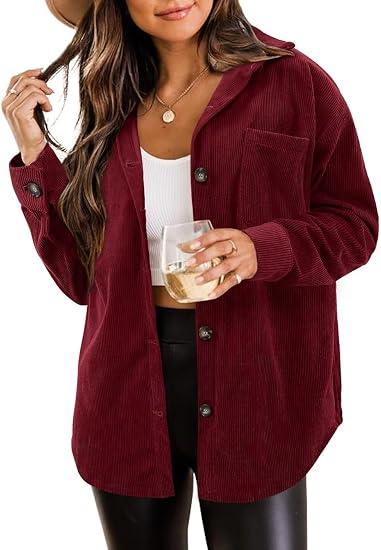 ZOLUCKY Womens Long Sleeve Shacket Casual Corduroy Button Down Shirts Solid Color Shacket Blouse Tops, Wine Red 3XL
