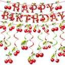 Cherry Theme Birthday Party Decorations ,Includes Happy Birthday Banner, Cherry Banner Hanging Swirls,Vibrant & Fun for Girl Princess Birth Party Cake Table Supplies Decor (Red)