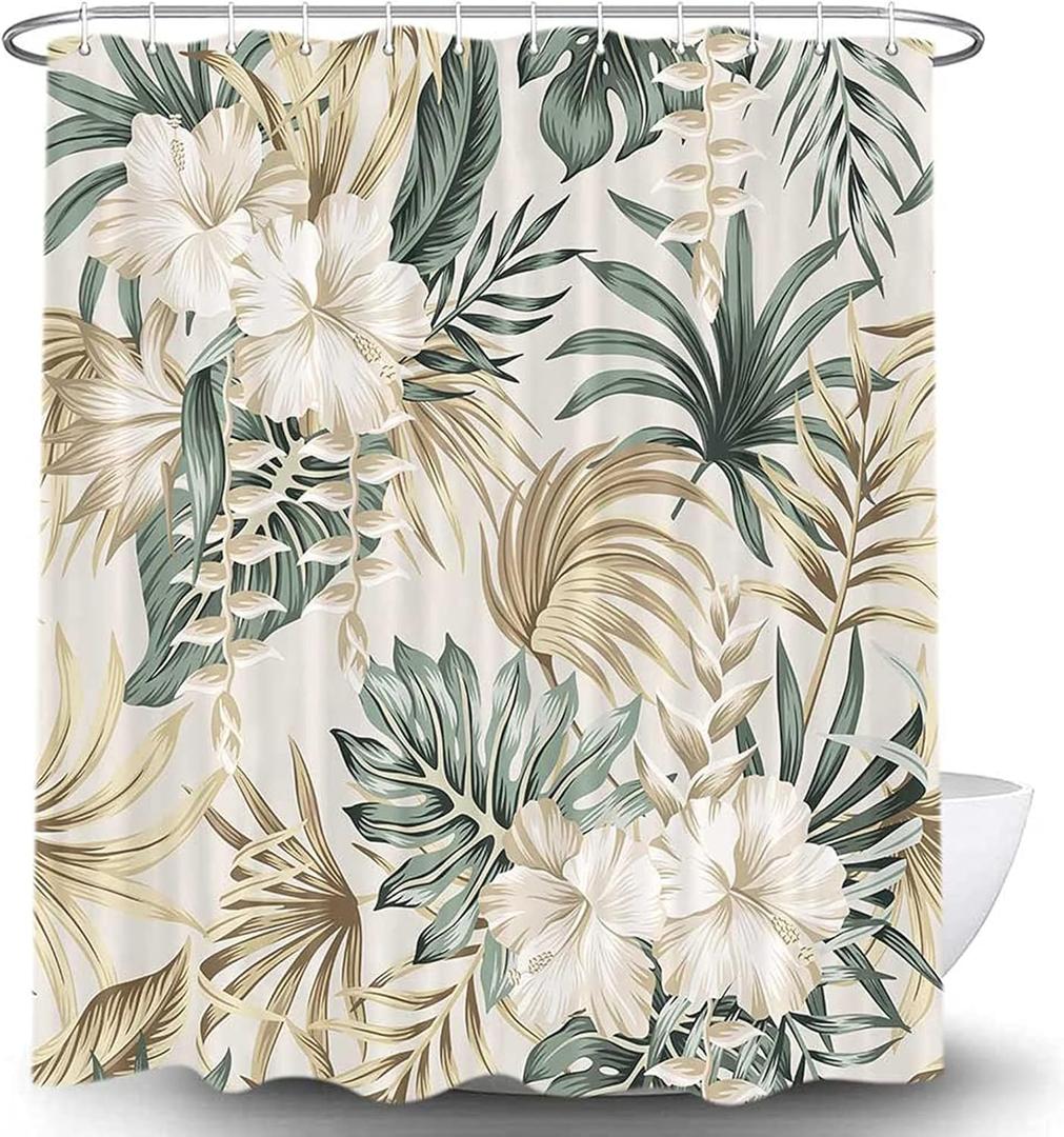 Tropical Plant Flower Shower Curtain for Bathroom, Vintage Sage Green Palm Leaves Beige Fabric Shower Curtains Set, Cute Floral Greenery Botanical Restroom Decor Accessories with Hooks (72X75)