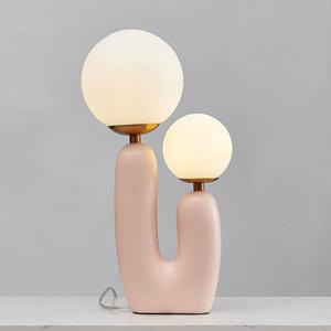 Aeyee Cute Cactus Table Lamp, Glass Globe Bedside Desk Lamp, Resin Night Light for Bedroom Nightstand (Pink Finish)