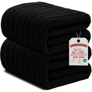 RIVERSIDE Pack of 2 Extra Large Bath Sheet Towels, 35 x 70 Inches, 600 GSM, Ribbed Stripe, 100% Cotton - Super Soft, Highly Absorbent & Quick Dry for Bathroom, Spa & Hotel, Black