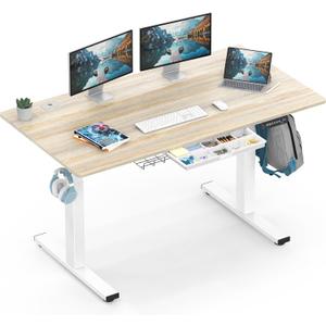 SHW 55 x 28 Inches Electric Height Adjustable Standing Desk with Drawer and Memory Preset, Maple