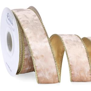 Ribbli Champagne Velvet Wired Ribbon 1.5 Inch Metallic Champagne Gold Crushed Velvet Christmas Ribbon for Gift Wrapping Christmas Tree Decoration Crafts Wreaths Supplies-Continuous 10 Yards