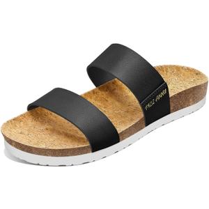 PIZZ ANNU Women's Slide Sandals Open Toe Two Strap Flat Sandals With Comfort Cork Footbed Slip-On Casual Summer Shoes, Black 10