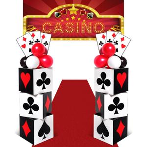 62 Pcs Casino Theme Favor Boxes Decoration Set 11 Inch Casino Boxes Jumbo Pokers Red Black White Balloon Banner Runner for Casino Birthday Holiday Party Decoration (Poker Style)