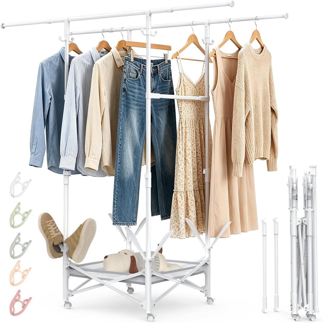 Portable Foldable Clothes Drying Rack - Adjustable Double Extendable Rods (33.1 to 56.7) -Portable Coat Rack for Travel, Camping, Drying, RV, Indoor, Outdoor, Easy AssembleWhite