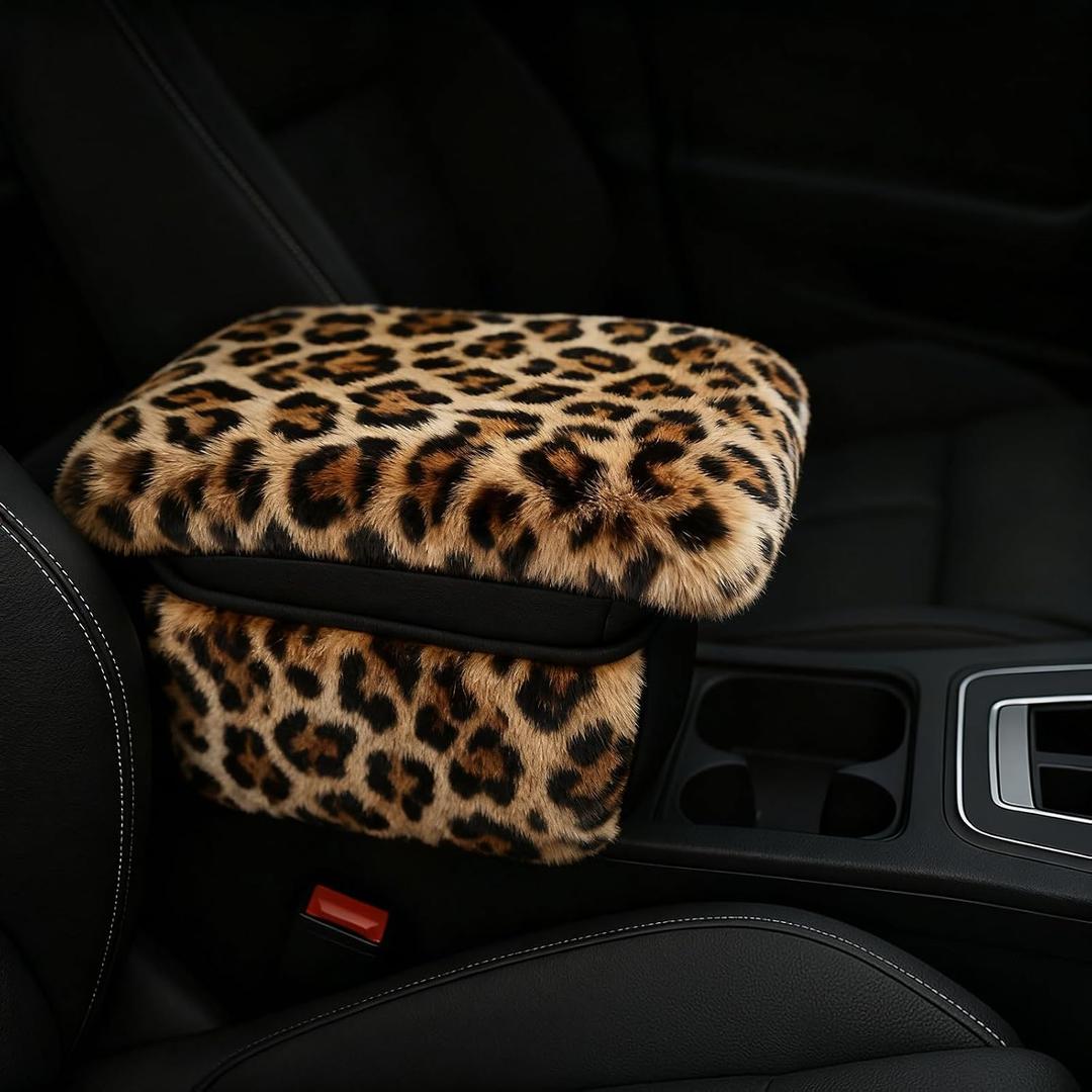 Fluffy Car Armrest Cover with Side Pockets Plush Fuzzy Fur Center Console Armrest Cushion Pad, Universal Winter Car Interior Protector, Soft Arm Rest Cover with Storage for Women & Men (Leopard)