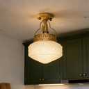 Bofea-Gold Semi Flush Mount Ceiling Light,Brass Light Fixture,Vintage Milk Yellow Glass Flush Mount Ceiling Lights,Hallway Light Fixtures,Mid Century Chandelier for Foyer Bedroom Bathroom