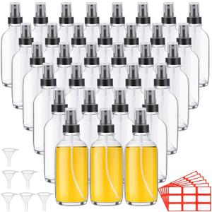 Fumete 36 Pcs Glass Spray Bottles 4oz Fine Mist Glass Spray Bottle Refillable Liquid Containers with 6 Labels 6 Funnel for Hair Travel Plants Cleaning Solutions Skin Care(Clear,Classic)