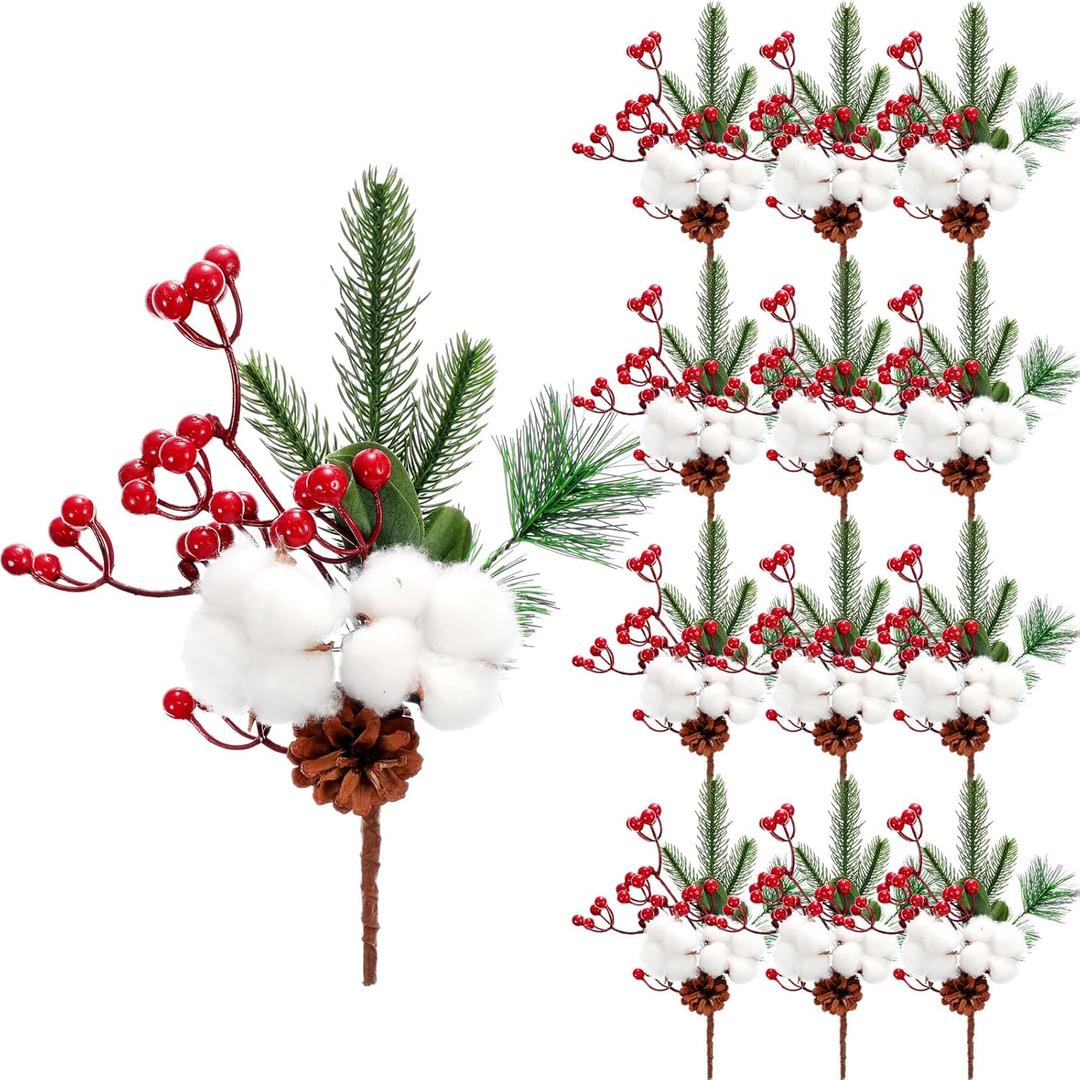 12 Pieces Pine Snowy Flower Christmas Picks Red Berry Artificial Holly Sprays Picks Fake Berries Pine Cones for Christmas Crafts Party Festive Home Tree Decor 11 Inch Flexible Stems