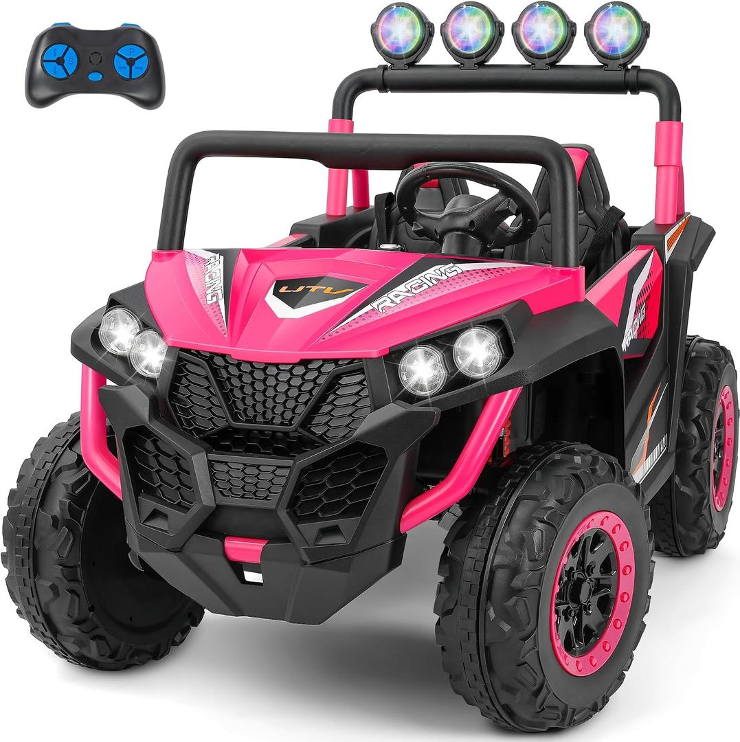 ELEMARA 2 Seater 24V Ride on Toys for Big Kids,Electric Car for Kids w/Parent Remote Control,Heavy-Duty Electric Ride On Truck w/ 4-Wheeler Suspension,5 Mph Max Speed,Bluetooth,Rainbowlight*4,Pink, Large