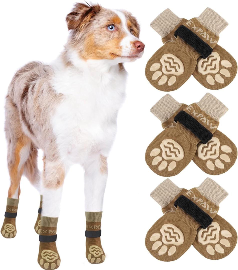 EXPAWLORER 6PCS Anti-Slip Dog Socks to Prevent Licking Paws,Dog Shoes for Hot Pavement,Best Paw Protector Traction Control on Hardwood Floor,Dog Booties for Puppy Small Medium Large Senior Dogs (Khaki)