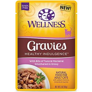 Wellness Healthy Indulgence Natural Grain Free Gravies with Tuna & Mackeral in Gravy Wet Cat Food, 3 oz., Case of 24, Best By: 14/01/2025
