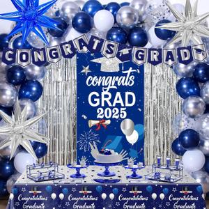 Graduation Decorations 2025 Blue, Graduation Party Decorations Class of 2025 Congrats Grad Banner, Tablecloth Star Foil Balloons Grad Backdrop for High School 2025 College Grad Party Supplies, Blue/Silver