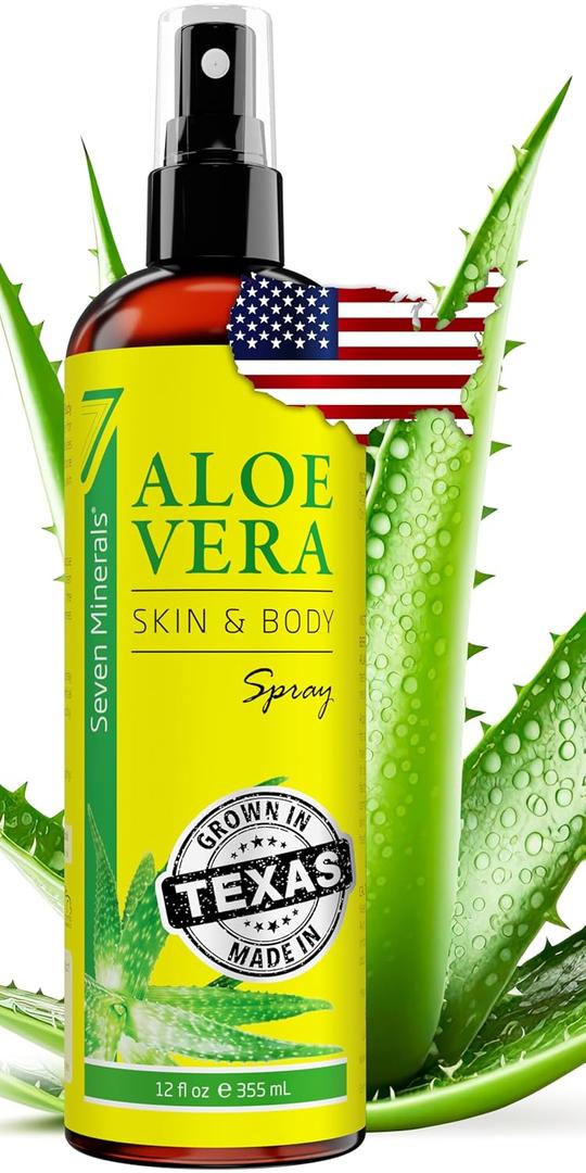 Seven Minerals, Organic Aloe Vera Spray for Body & Hair - From Freshly Cut Aloe Plant, Extra Strong, Easy to Apply, No Thickeners So It Absorbs Rapidly, No Sticky Residue - Made in USA (Big 12 fl oz) Best Before 03/2026