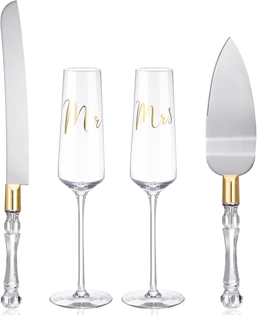 Boao 4 Pieces Wedding Toasting Flutes and Cake Server Set Wedding Reception Supplies Champagne Glasses Cake Knife Pie Server (Gold,Classic)