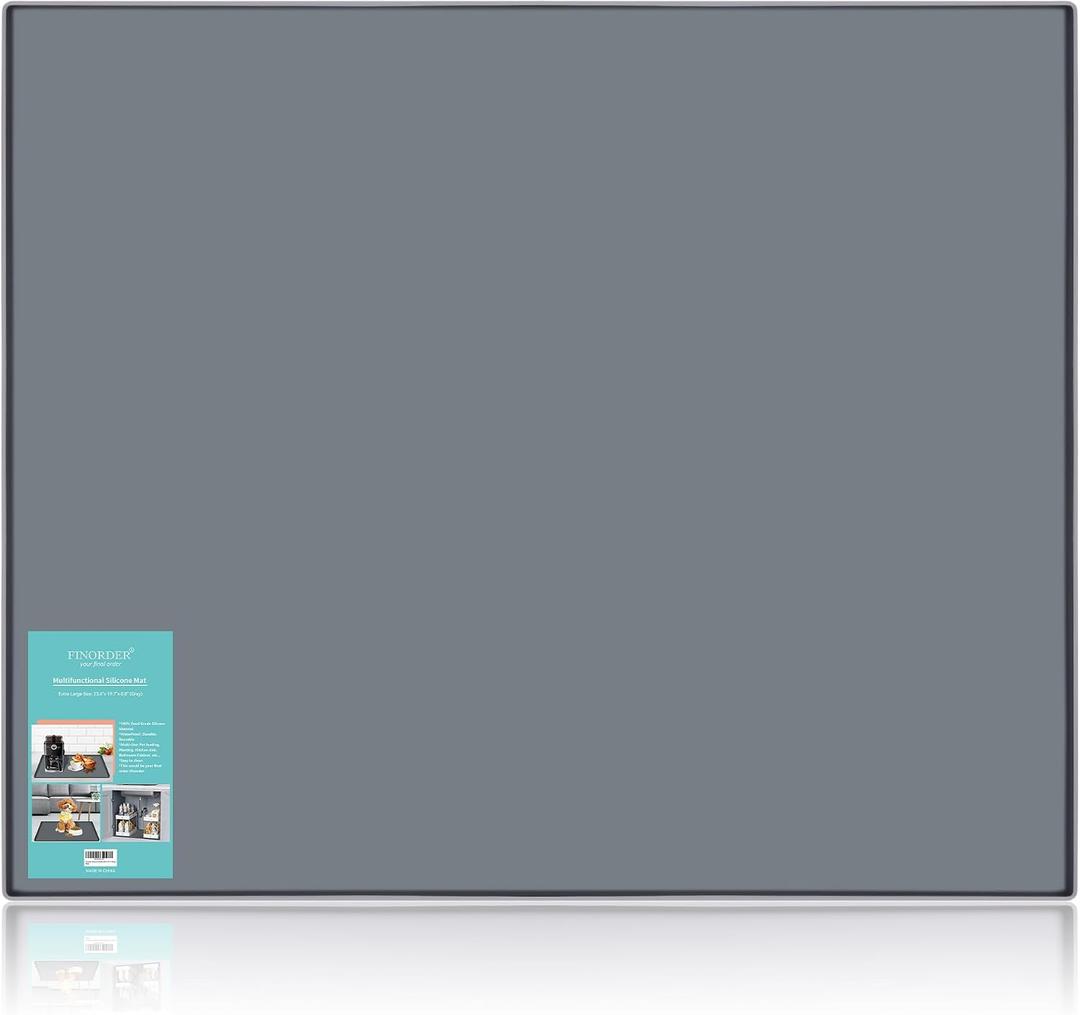 Finorder 23.6"x19.7" 100% Silicone Pet Feeding Mat, Higher Raised Edges and Slip Resistant Pet Food and Water Bowl Mat, Waterproof Pet Food Placemat Silicone Tray, Dishwasher Safe (Grey)