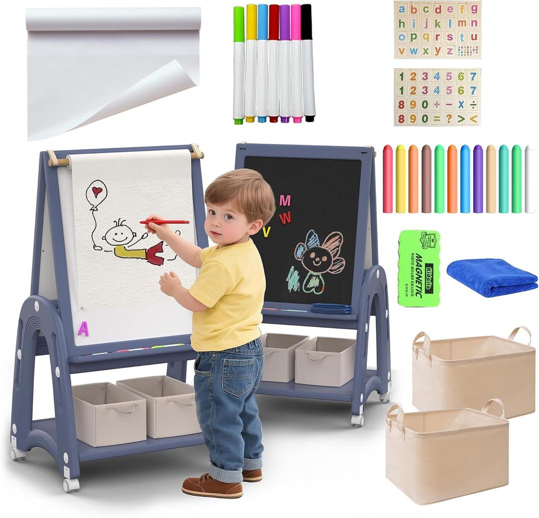 Art Easel for Kids 2-4 with Wheels, Whiteboard, Chalkboard & Paper Roll Adjustable Height 3-in-1 Toddler Easel for 2-4 Year Old Painting Easel for Kids with Storage & Accessories, Blue, 34.6 inches