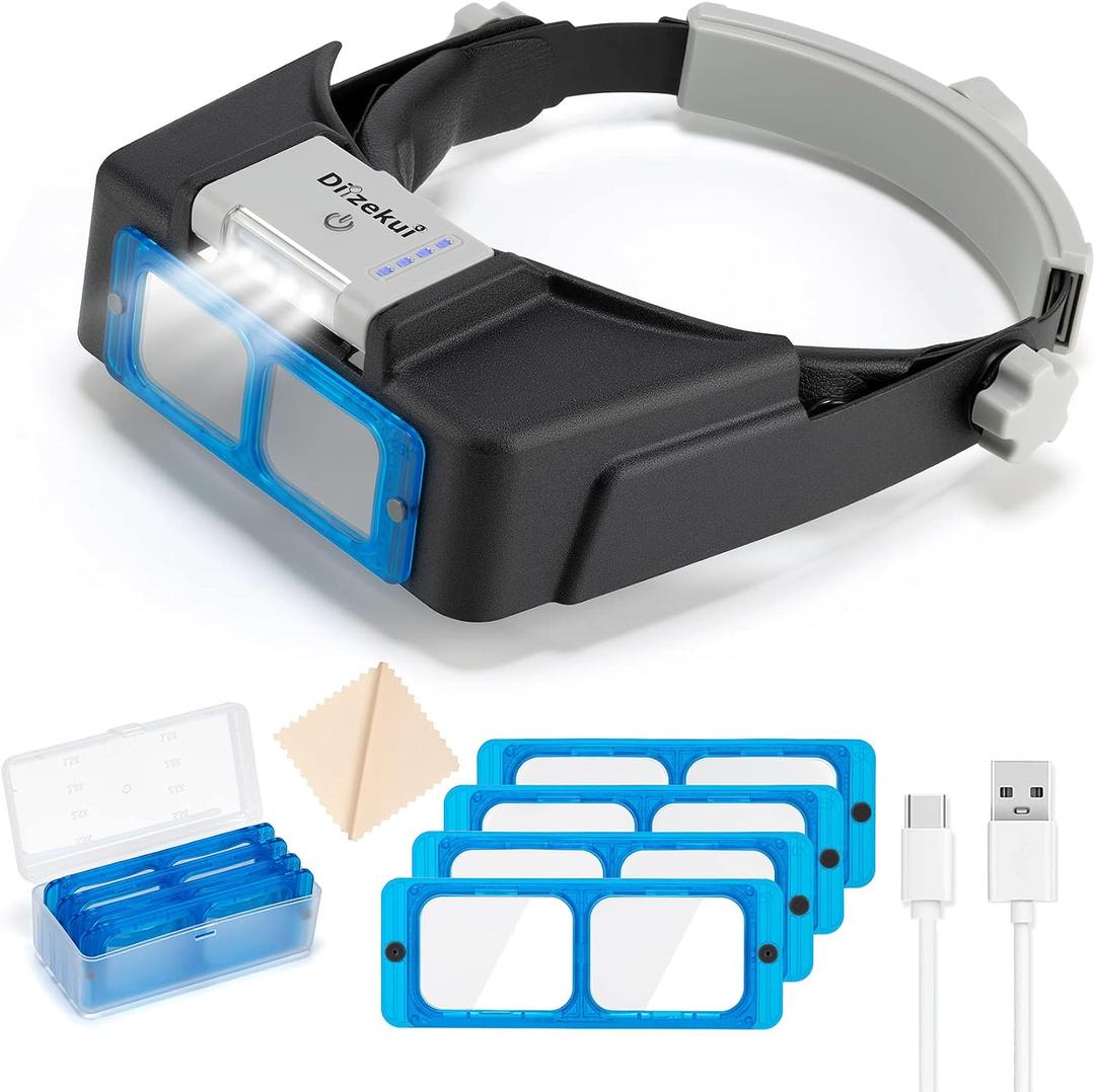 Headband Magnifier with LED Light, Rechargeable Head Mount Magnifier 1.5X to 3.5X, Opitcal Magnifying Glass with Lens, Jewelers Optivisor Hobbies Visor Manifying Glasses for Close Work