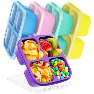 5 Pcs Bento Snack Containers, Reusable 4 Compartment Divided Food Storage Containers, Divided Lunchable Container for School, Work and Travel (Transparent Lids)