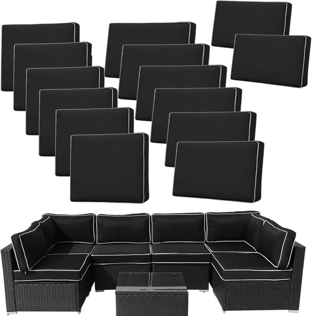 14 Pieces Patio Cushion Covers Replacement,Outdoor Couch Cushions Covers Waterproof Furniture Cushion Covers Slipcovers Set with Zippers,Cover Only(Black+White, 25.625.63.94inches)