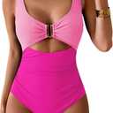 Eomenie Women's One Piece Swimsuit Tummy Control Ruched Bathing Suit Cutout V Neck Swimwear High Cut Tie Back Swim Suit (Pink, L)