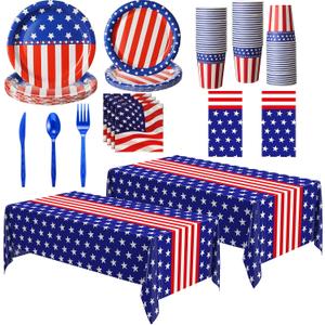 Oudain 162 Pcs American Flag Patriotic Party Supplies Red White and Blue Disposable Plastic Tablecloths Knife Fork Spoon Paper Plates Cups Napkins for 4th of July Independence Day Decor (Classic)