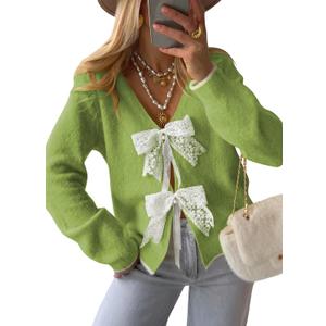Cakulo Womens Bow Tie Sweater V Neck Cardigan Sweaters 2026 Lightweight Spring Fashion Knit Cardigans Outfits (Green, XL)