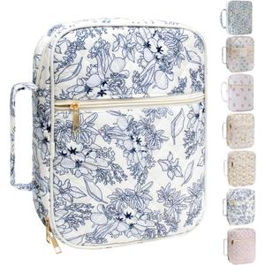 Bible Cover for Women, Large Quilted Case with Handle, Durable Bag and Carrying Case for Girls, Study Supplies Accessories, Christian Gift for Women (Big Blue Flower, Large)