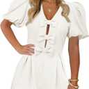 Cicy Bell Womens Cute Rompers Bow Front Puff Sleeve V Neck Short Jumpsuits Sexy Summer Outfits with Pockets (White, XXL)