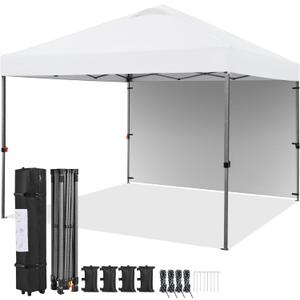 Yaheetech 10x10 Pop up Canopy Tent w/1 Sidewall, Instant Commercial 150D Silver Coated Fabric Outdoor Instant Tent w/Wheeled Bag, 4 Sandbags, 8 Stakes & 4 Ropes for Parties, Camping, Beach, White