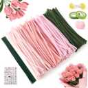 400 Pcs Pink Pipe Cleaners Kit, 4 Colors Chenille Stems DIY Bouquet | 12" Assorted Fuzzy Stalks with Floral Wire Stems, Tape & Ribbon. Perfect for Family Activities, School Arts & Flower Crafts