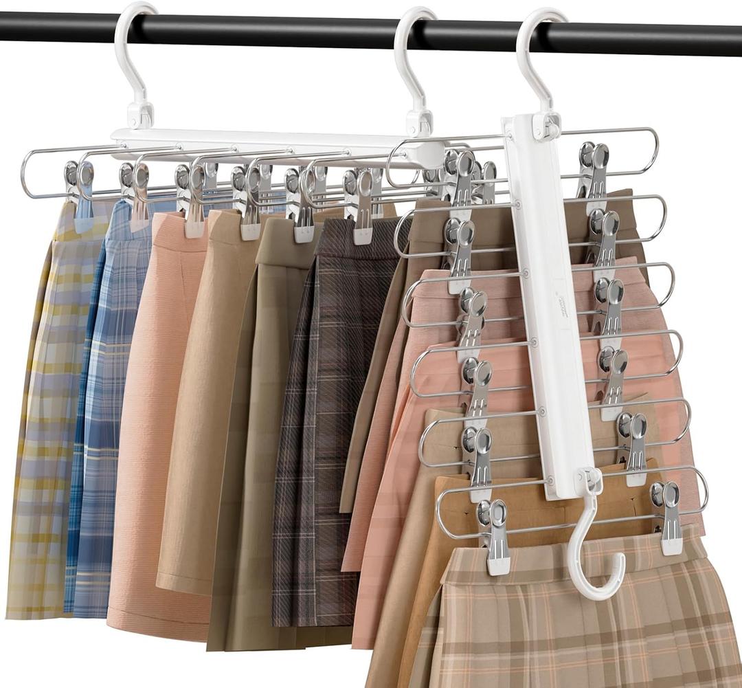 TAILI 2 Packs TAILI Skirt Hangers Space Saving, Pants Hangers with Clips, 6 Tiers Non-Slip Space Saving, Women Skirt, Clothes Rack, Closet Storage and Organization
