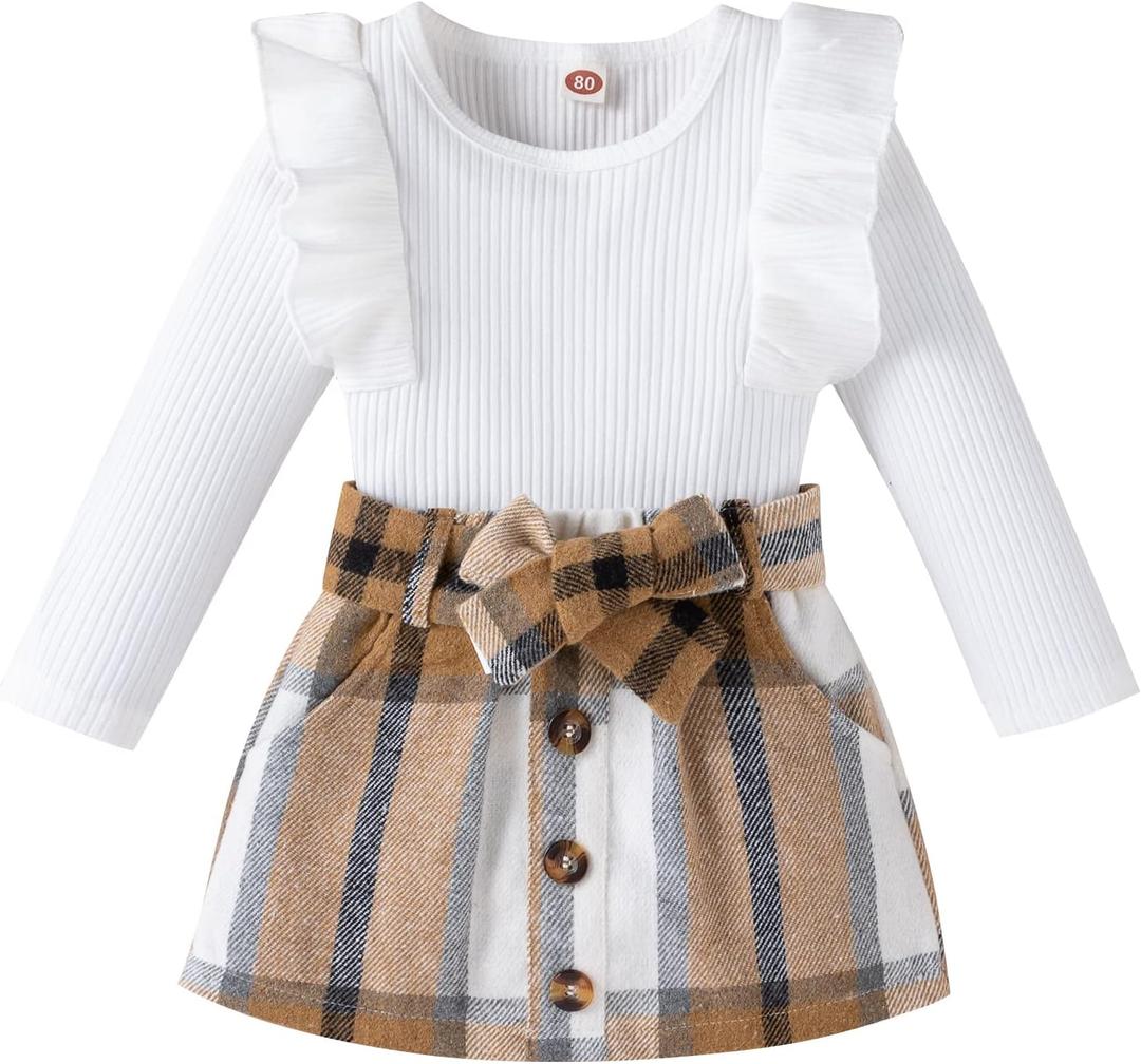 fhutpw Baby Toddler Girl Outfits Fall Winter Clothes Turtleneck Knitted Cotton Long Sleeves Tops & Button Mini Skirts Set (2-3T, D Wihte&brown Plaid)