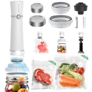 3-in-1 Vacuum Sealer for Food Compatible with Vacuum Bag, Mason Jar, Wine Bottle, Handheld Saver Compact Vacuum Sealer Machine with 14 Reusable Bags, 14 Mason Jar Lids, Wine Stopper