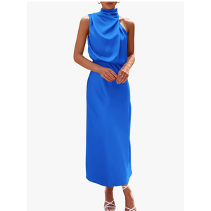 PRETTYGARDEN Women's 2026 Summer Satin Dress Elegant Sleeveless Mock Neck Cocktail Party Maxi Dresses. Size Large