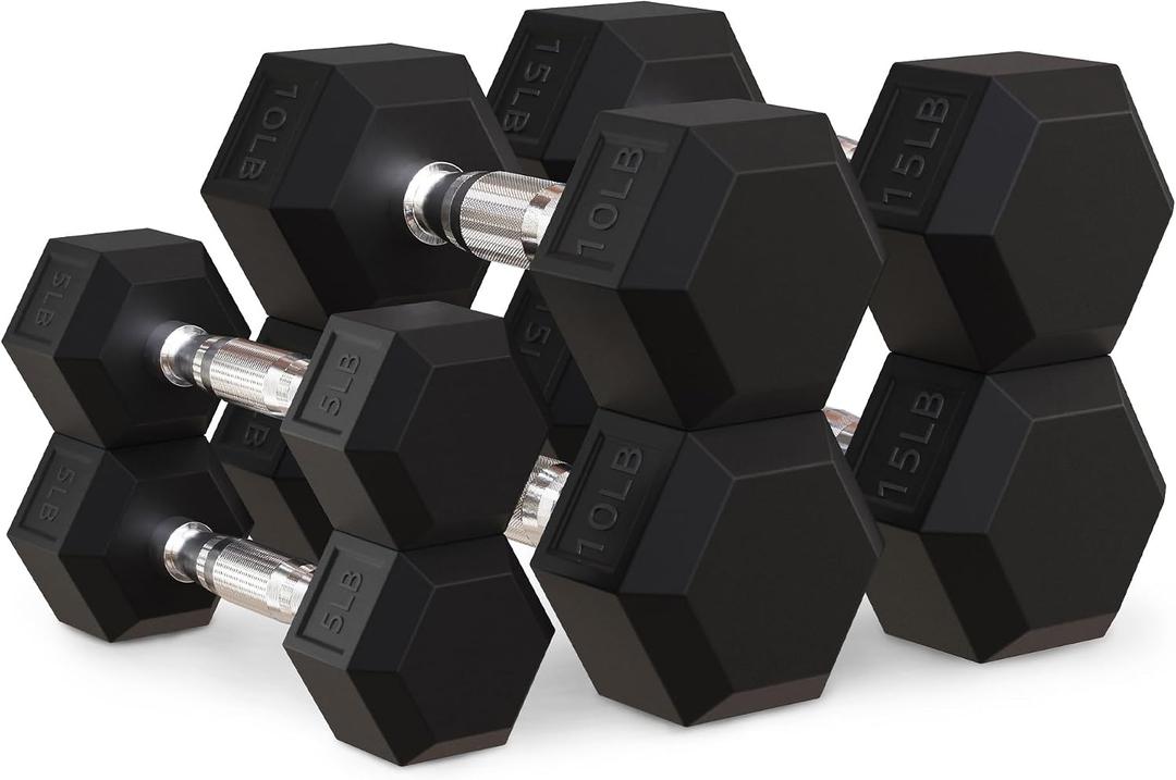 OLIXIS Hex Dumbbells Rubber Coated Hand Weight Set, 60LBS Sets, 2x5LBS, 2x10LBS and 2x 15LBS