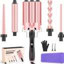 MOCEMTRY 5 in 1 Curling Wand Set (0.35"-1.25") with 3 Barrel Hair Crimper, Bubble Curling Wand and 3 Ceramic Barrels, Curling Iron 1 inch Crimper Hair Tool Waver with Two Temp Control, Gifts for Women (Pink)