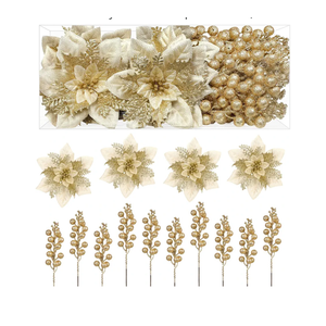 24 Pieces Christmas Tree Decorations, 12 PCS Gold Poinsettia Flowers Artificial and 12 PCS Glitter Christmas Tree Picks for Christmas Decorations Party Wreath Fireplace Stairs, Gold