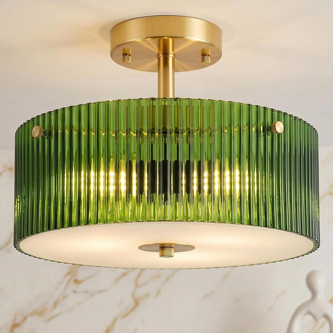AUQUEE 13.8" Semi Flush Mount Ceiling Light Fixture, 3-Light Gold Close to Ceiling Light with Green Ribbed Glass Shade,Vintage Chandelier Modern Ceiling Lamp for Kitchen/Hallway/Bedroom/Entryway/Foyer, Large