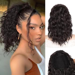 QGZ Curly Ponytail Extension 14 Inch Drawstring Ponytail for Women Synthetic Short Curly Wavy Fluffy Clip in Ponytail Hair Extensions for Women (Dark Brown)