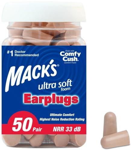 Mack's Ultra Soft Foam Earplugs, 50 Pair - 33dB Highest NRR, Comfortable Ear Plugs for Sleeping, Snoring, Travel, Concerts, Studying, Loud Noise, Work | Made in USA