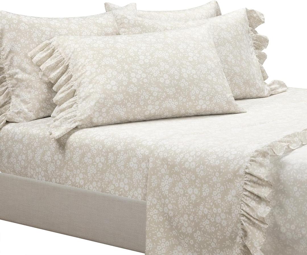 Lush Decor Garden of Flowers Ruffle Sheet Set Queen 6 Piece Set Neutral - Floral Sheets - Tan Sheet Set Queen Size Bed Sheets - Coquette Bedroom Decor