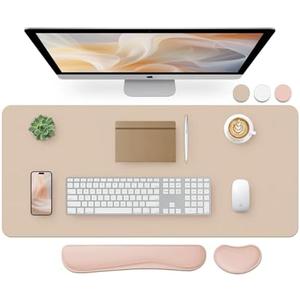 Bloss Leather Desk Pad and Keyboard Wrist Rest, Large Mouse Pad + Keyboard Pad+Mouse Wrist Support, Non-Slip Desk Mat Protector for Office, Home (35.4×15.7 Inches,Beige)