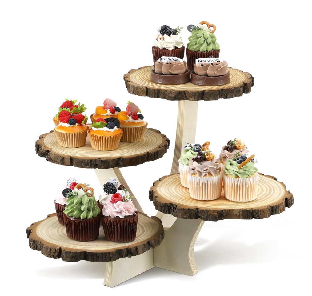 Chunful 4 Tier Round Natural Wood Cupcake Dessert Stand, Cup Cake Tower Stand Holder, Wooden Cake Display Tiered Centerpiece for Party, Birthday, Wedding, Baby Shower, Holiday Decoration