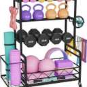 Dumbbell Rack, Adjustable Weight Rack for Home Gym Storage with 4 Wheels, Side Basket, Hooks, Multipurpose Metal Dumbbell Stand for Kettlebells, Yoga Gear, Strength Training Equipment, Black