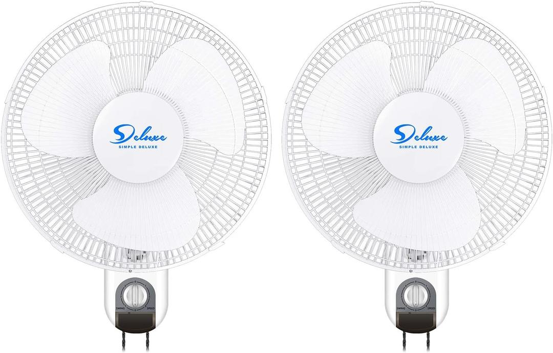 Simple Deluxe 16 Inch Digital Household Wall Mount Fans, Adjustable Tilt, 90 Degree, 3 Speed Settings, 2 Pack, White