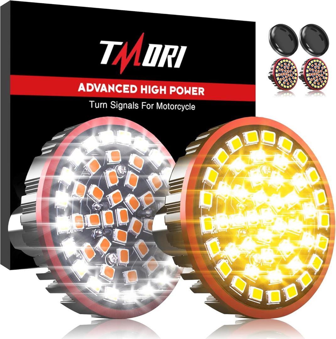 Upgraded 1157 Motorcycle LED Turn Signals (21White + 27Amber) Super Bright Bulbs Compatible for HarleyDavidson Motorcycles Bullet Style Blinker Lamp*2 with 2 Smoke Bullet Lens Covers (1157 (21White + 27Amber))