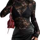 SHENHE Women's Mesh Sheer Lace Layering Top Y2k Long Sleeve Mock Neck See Through Party Shirt (L)