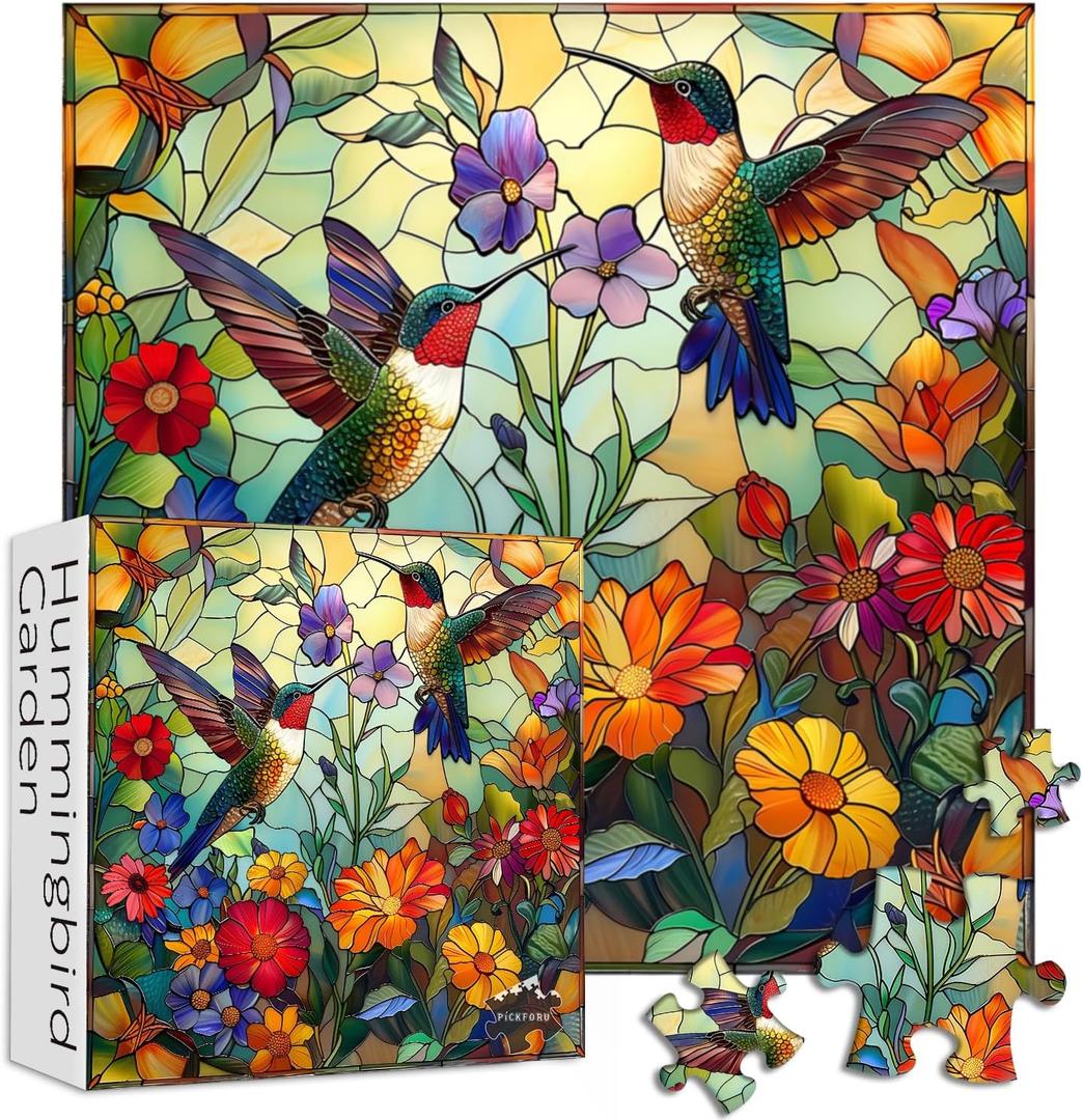 Stained Glass Puzzles for Adults 1000 Pieces, PICKFORU Colorful Flower Hummingbird Jigsaw Puzzles, Mosaic Bird Puzzles as Home Decor